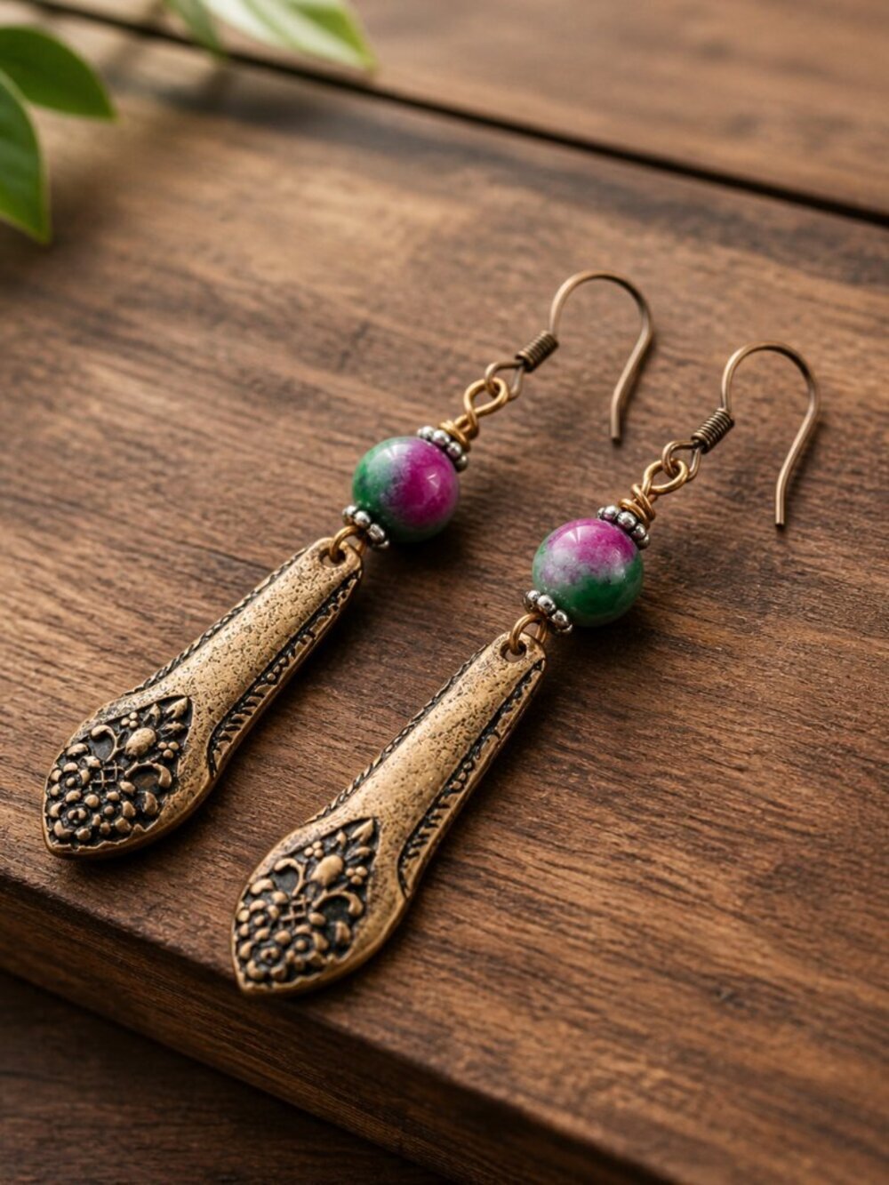 Antique Copper Filigree Drop Earrings With Beads - Picture 3 of 6